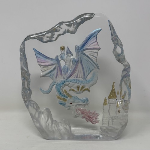 Dragon Etched Glass Paperweight Wizard Castle Blue Pink Gold Fantasy Decor 6"x5"