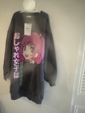 Women  s Black Anime Graphic Print Pullover Sweatshirt Crew Neck Long Sleeve S
