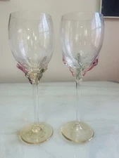 Signed Ion Tamaian Art Glass Goblets Pair Hand Blown Romanian Wine Glasses