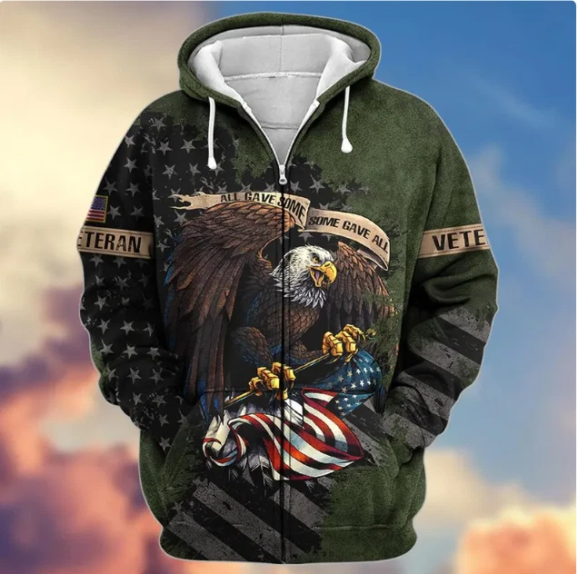 Proud Veteran Green Hoodie – 3D Printed American Flag & Eagle Design