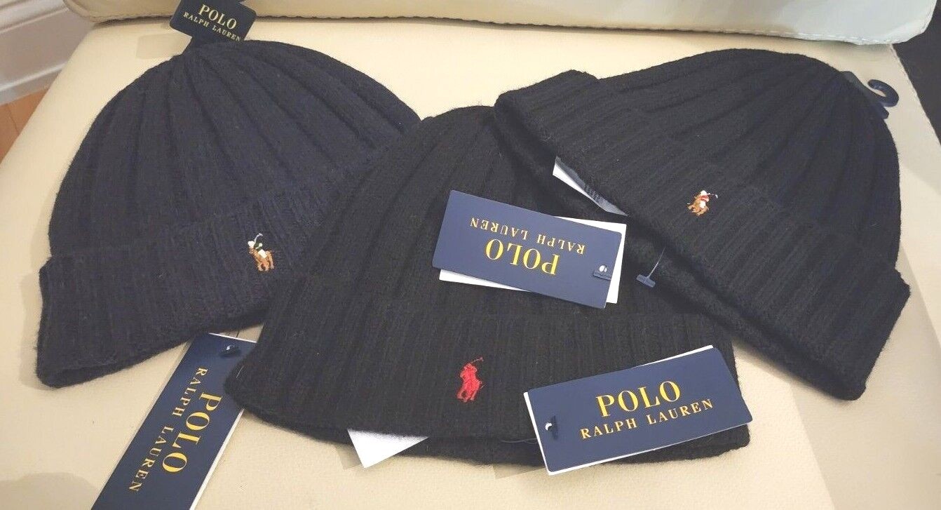 Polo Ralph Lauren pony multicolore a costine da uomo berretto lavorato a maglia blu navy & nero Nuova con etichette