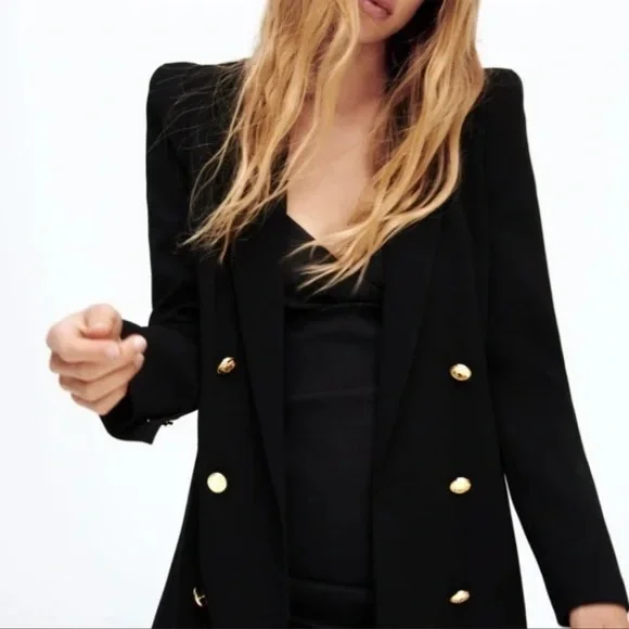Zara Women's Black Double Breasted Shoulder Pad Blazer Zara Women's Black Double Breasted Shoulder Pad Blazer