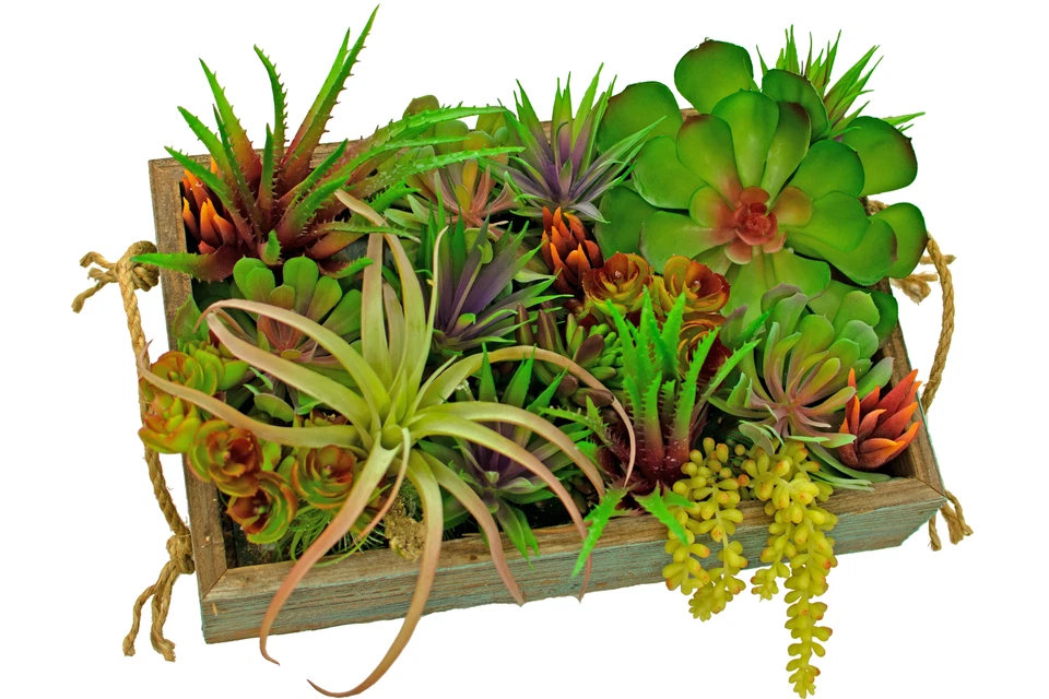 Artificial Succulent Planter Box Decorative Rustic Flower Crate Indoor 12 X 4 - Image 3 of 4