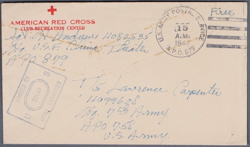 Mayfairstamps US 1944 APO 879 Red Cross Censored to 758 WWII Cover aar_74967