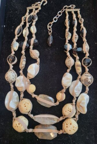 Stephen Dweck Sterling 3-Strand Cord Carved Faux Ivory Shells Gemstone Necklace - Picture 3 of 20