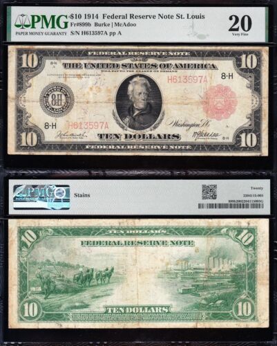 VERY NICE *RARE* VF graded 1914 $10 ST. LOUIS "RED SEAL" FRN Note! PMG 20! TC61