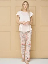 Lega Satin Pajamas Long Pants Madonna Light Pink Flower Print Women Pink Satin
