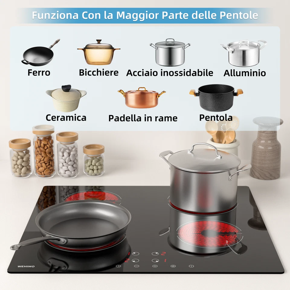 WEHIMO Piano Cottura Elettrico Vetroceramica Incasso 60cm 4 Fuochi Risparmio