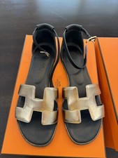 Hermes Santorini Sandals Metallic Gold Black Sz 36.5