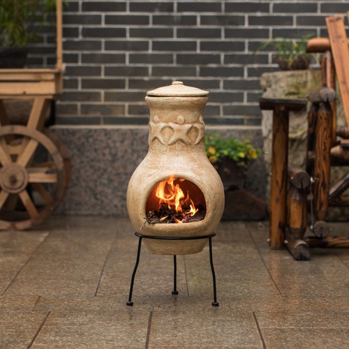 Outdoor Clay Chimney Maya Design Charcoal Burning Fire Pit & Sturdy Metal Stand - Picture 2 of 7