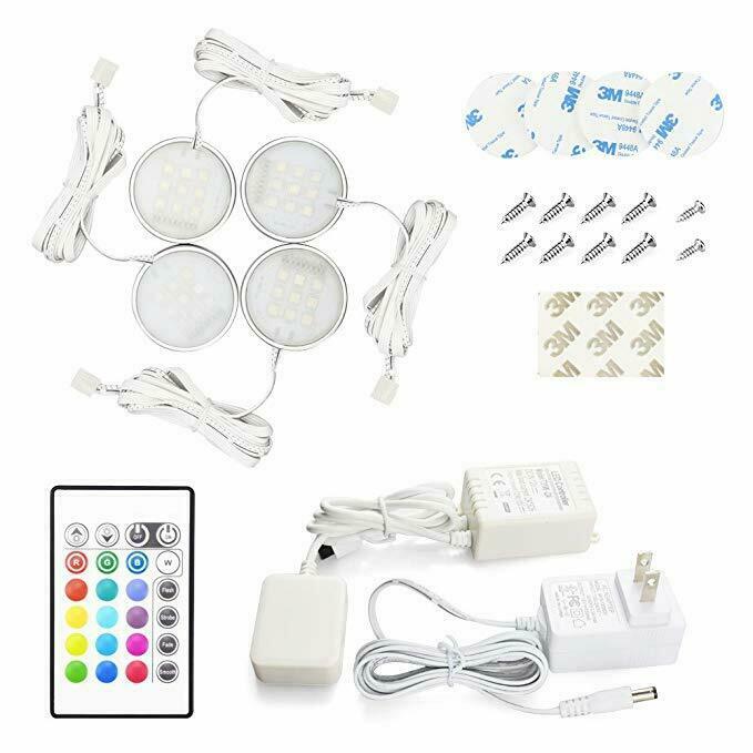 4 Pack LED Puck Lights Under Cabinet – RGB Color-Changing, Hardwired, 12V, Aluminum