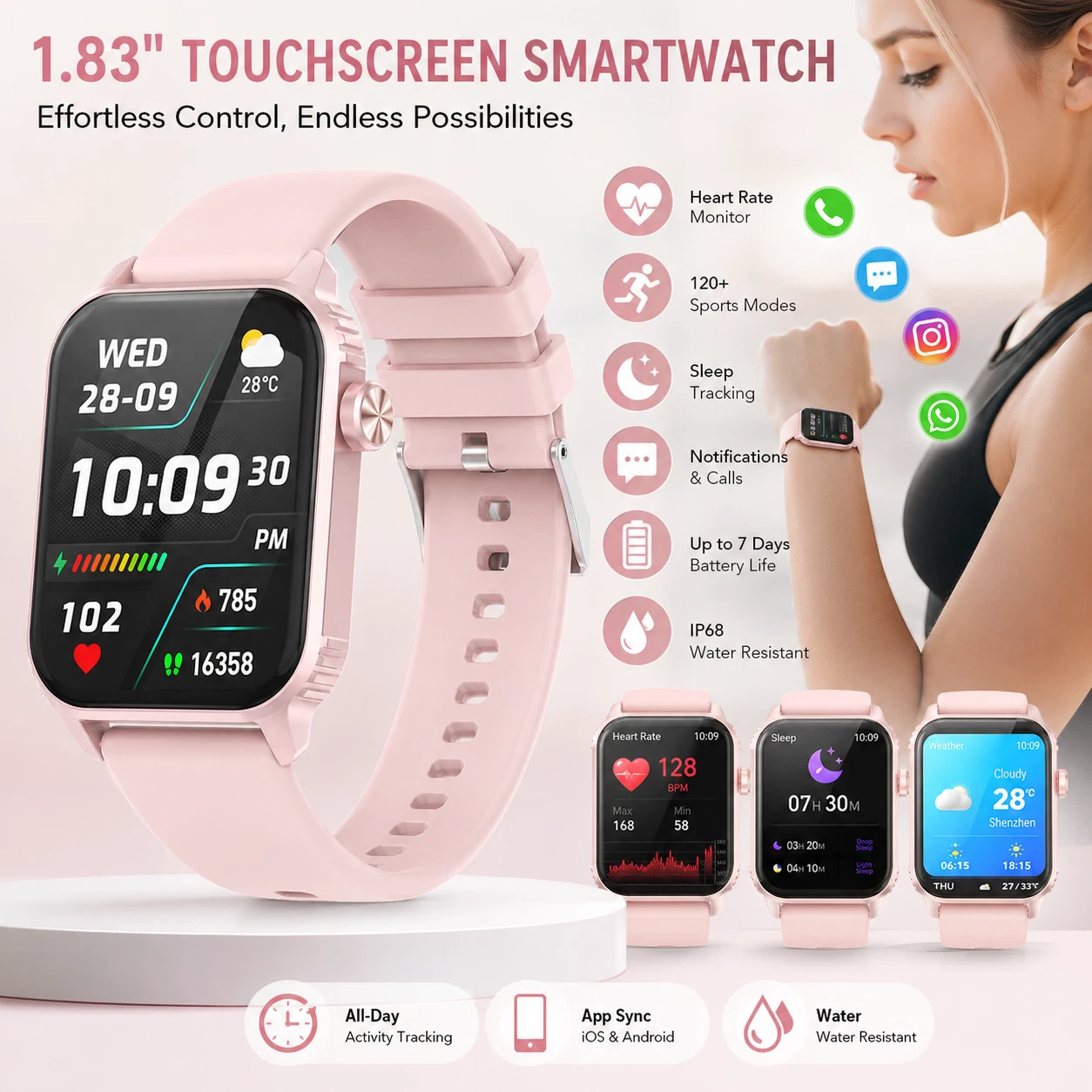 Smart Watch 1.83 HD Bluetooth Call 120 Sport Modes Heart Sleep IP67 Pink