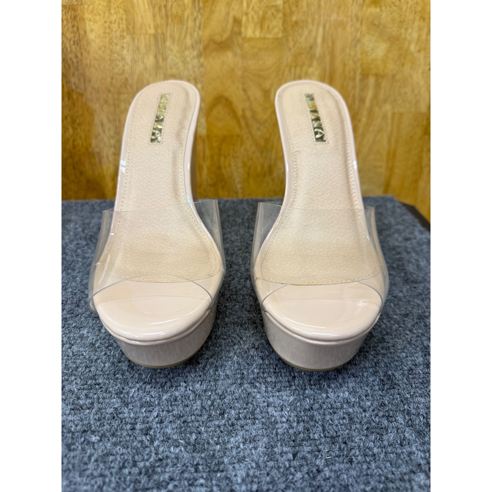 Liliana Rhona-2 Nude Clear Strap Platform Wedge Sandals Slides Womens 10