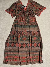 Fashion Nova Maxi Dress Boho Ethnic Print Red Green Black Size L NWT