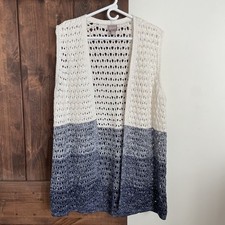 Chicos Sweater Womens 2 Large Blue Vest Crochet Knit Open Long Coastal Beach