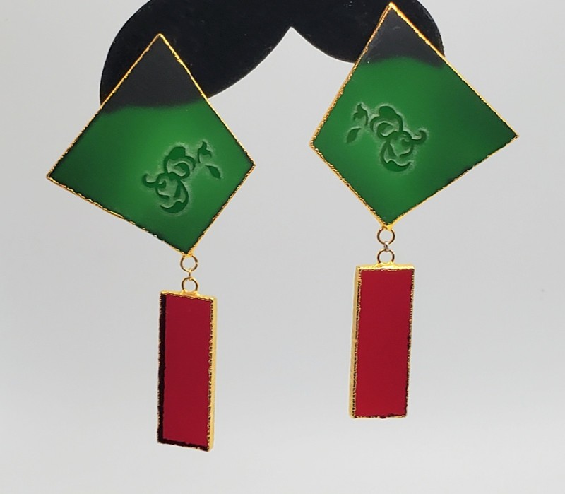 Stunning Nero Design Glass Earrings Artist Nermin Tas Green Red Etched