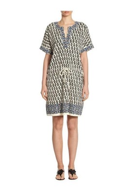 TORY BURCH Guru Border Amara Dress 100% Pima Cotton Drawstring Allover Pattern