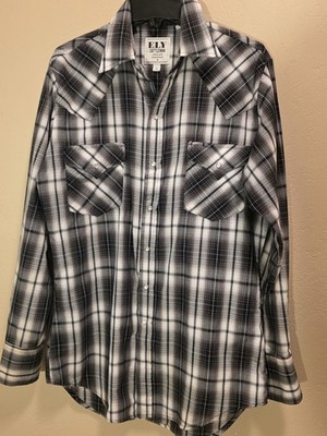 Ely Cattleman Men's Plaid Western Button-Up Shirt Black White Gray Long Sleeve S