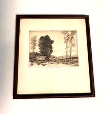 Herbert Thomas Signed Etching Landscape Barn & Trees 1948 Vintage Framed