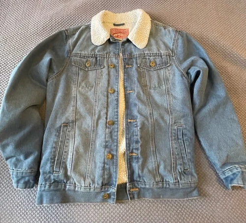 VETEMENTS Brooklyn Panno Uomo Blu Chiaro Jeans Denim Camionista Sherpa Giacca Bottone Tg S