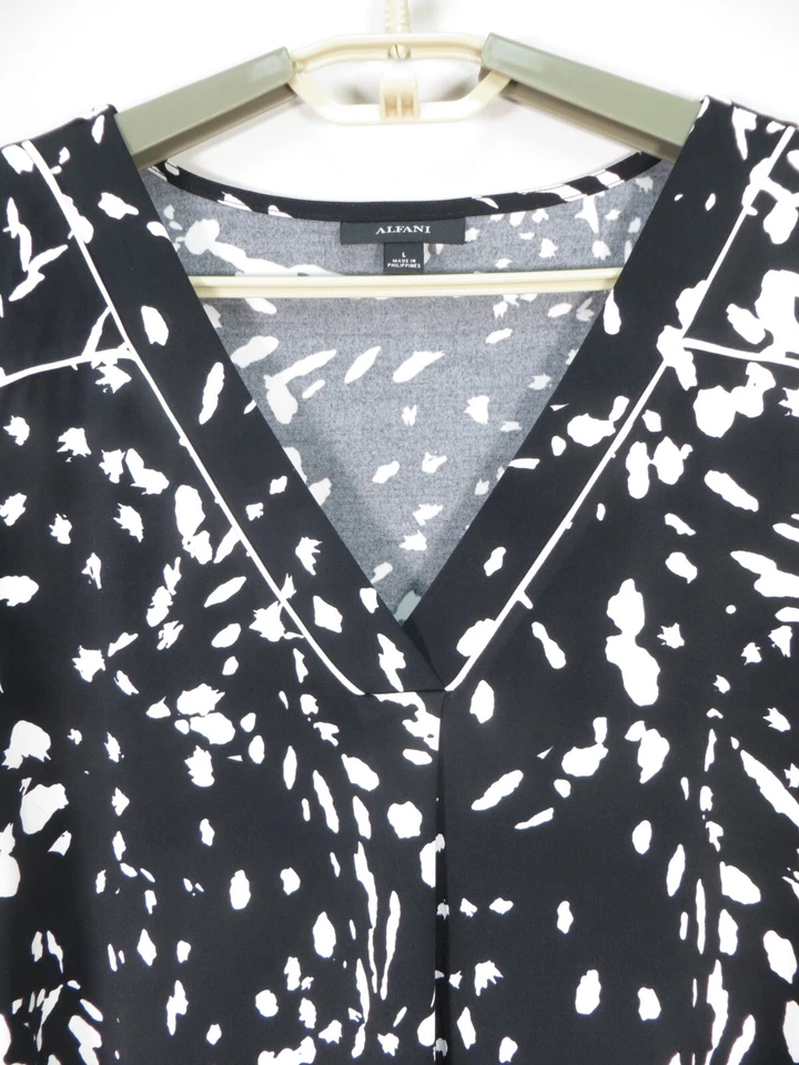 ALFANI Women Stretch Comfy Polyester Tank Top V Neck Classy Black White Geo L - Image 3 of 4