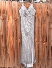 Marsen Silver Sequin Spaghetti Strap Dress  V Neck Mermaid Evening Gown Sz 12