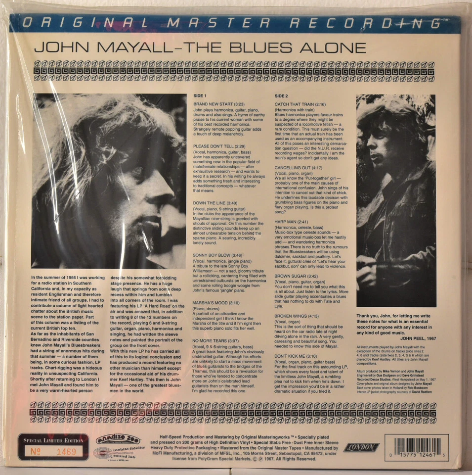 AUDIOPHILE MOBILE FIDELITY MFSL 246 JOHN MAYALL Blues Alone 200g LTD No. 1469 SS - Image 2 of 2