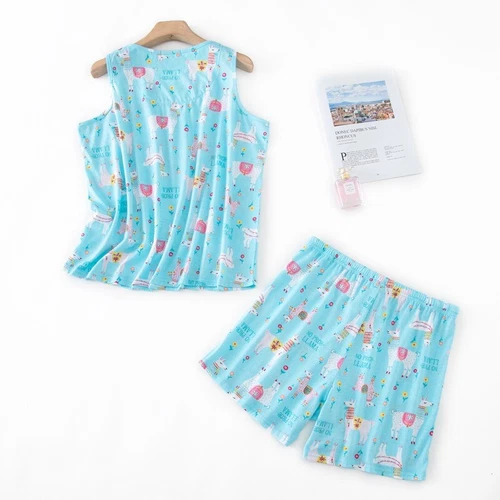 Damen Baumwolle Pyjama Set Ärmellos Oberteil Unterteil Shorts Nachtwäsche Weich Nachtwäsche - Bild 17 von 67