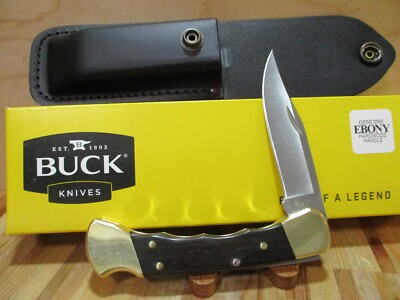 NIB Buck Ebony Finger Groove 110 Folding Hunting/Pocket Knife and Sheath - 2538