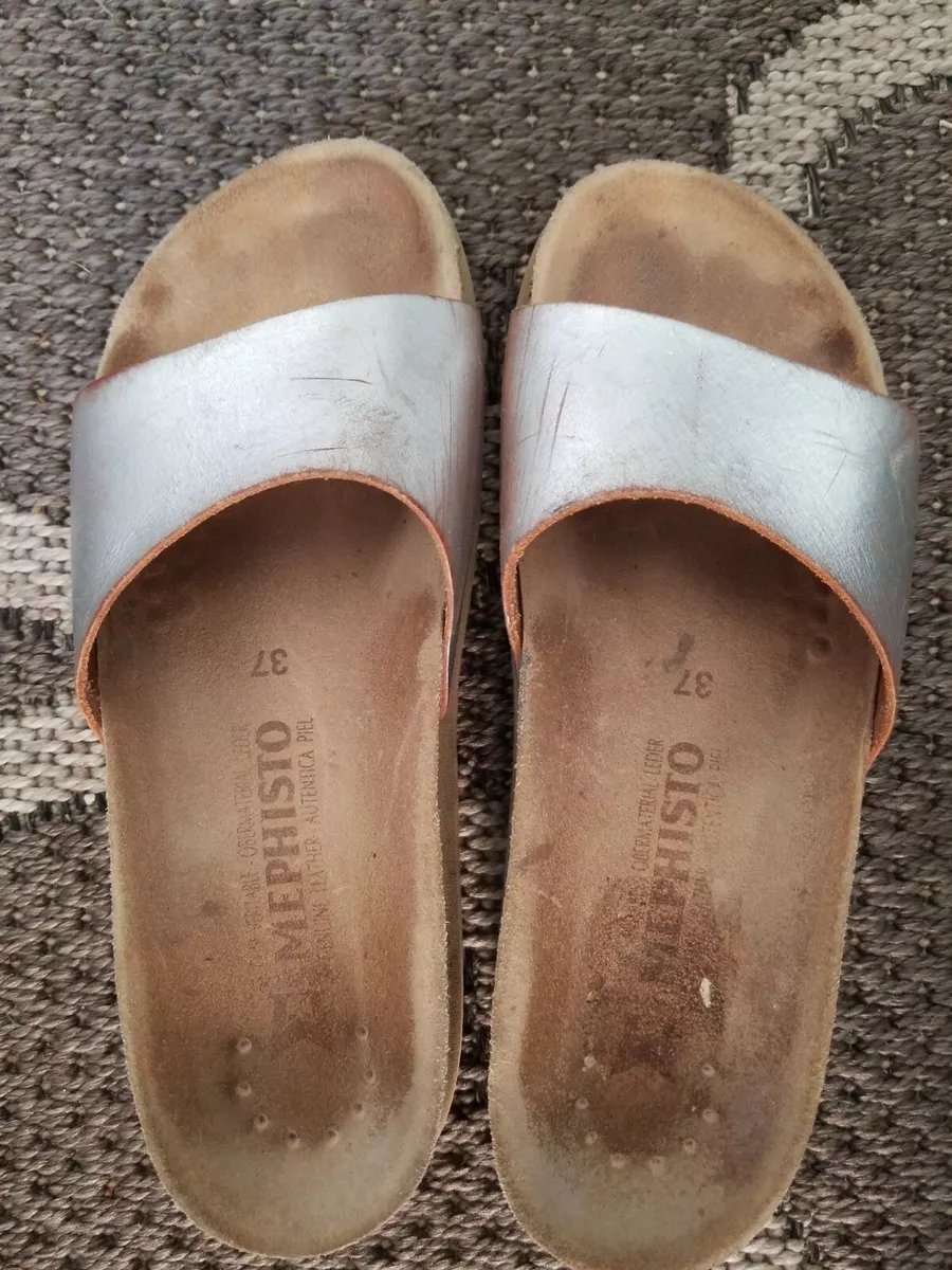 Mephisto Hanka Na Silver Cork footbed Sandals Slides Womens Size 37 Size 7