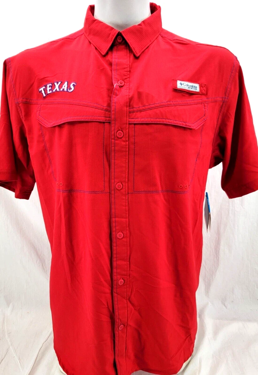 NEW Texas Rangers MLB Red Columbia PFG SS Collared Button Up Shirt Mens L