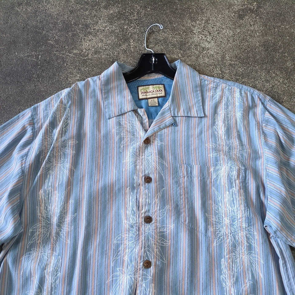 Camisa Hawaiana Jaxa Jaxx De Colección Para Hombres L Azul Claro Seda Rayas Floral Foto 2 de 4