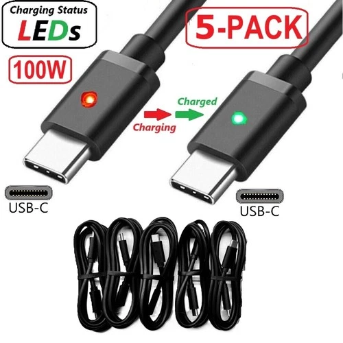 5-PACK USB-C to USB-C CABLE 100W PD LED CHARGER for iPHONE 15 16 17 GALAXY THINQ