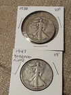 1938 & 1947 Low Mintage Liberty Walking Half Dollars, Both VF Condition