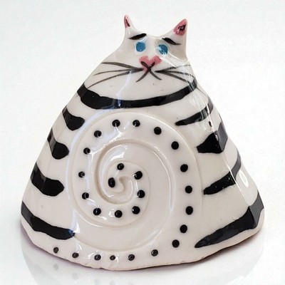 Vintage Studio Art Pottery Black White Striped Cat Figurine 2.5'' Artist Signed