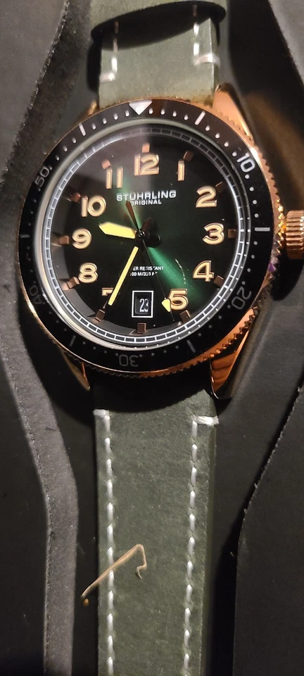 Relógio masculino Stuhrling 3989 5 Mônaco data quartzo pulseira de couro verde - Imagem 4 de 4