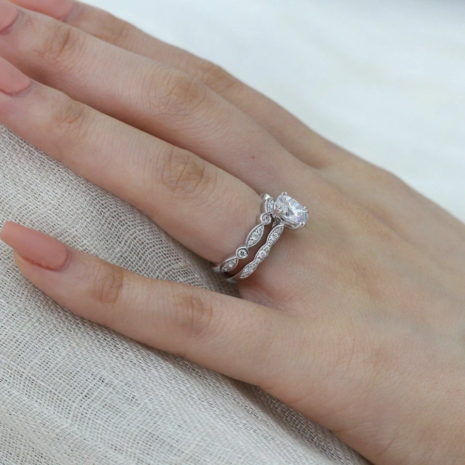 Simulated 2CT White Oval & Round Sapphire Women's Ring Set 935 Argentium Silver - Image 4 of 4