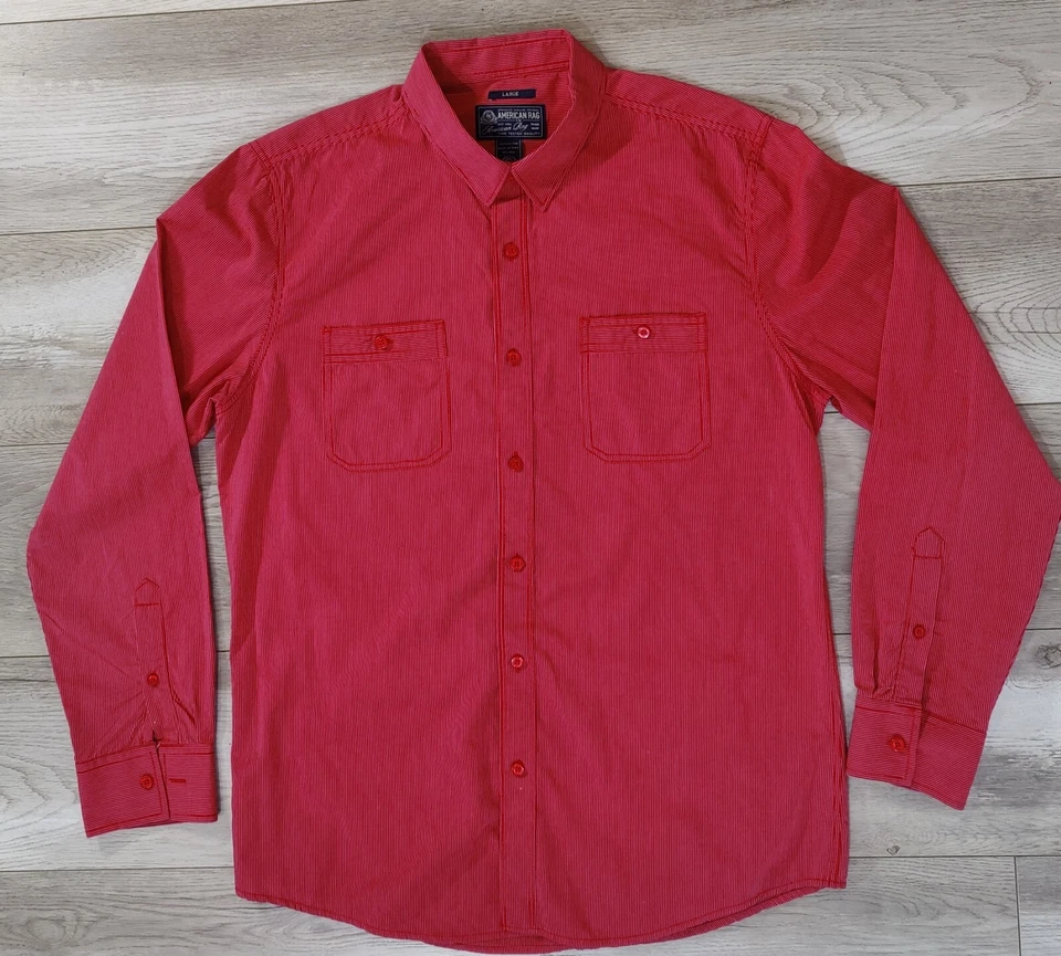 Camisa de manga larga American Rag para hombre talla grande a rayas roja Foto 2 de 4
