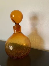 Blenko Wayne Husted amber crackle bottle with stopper MCM vintage