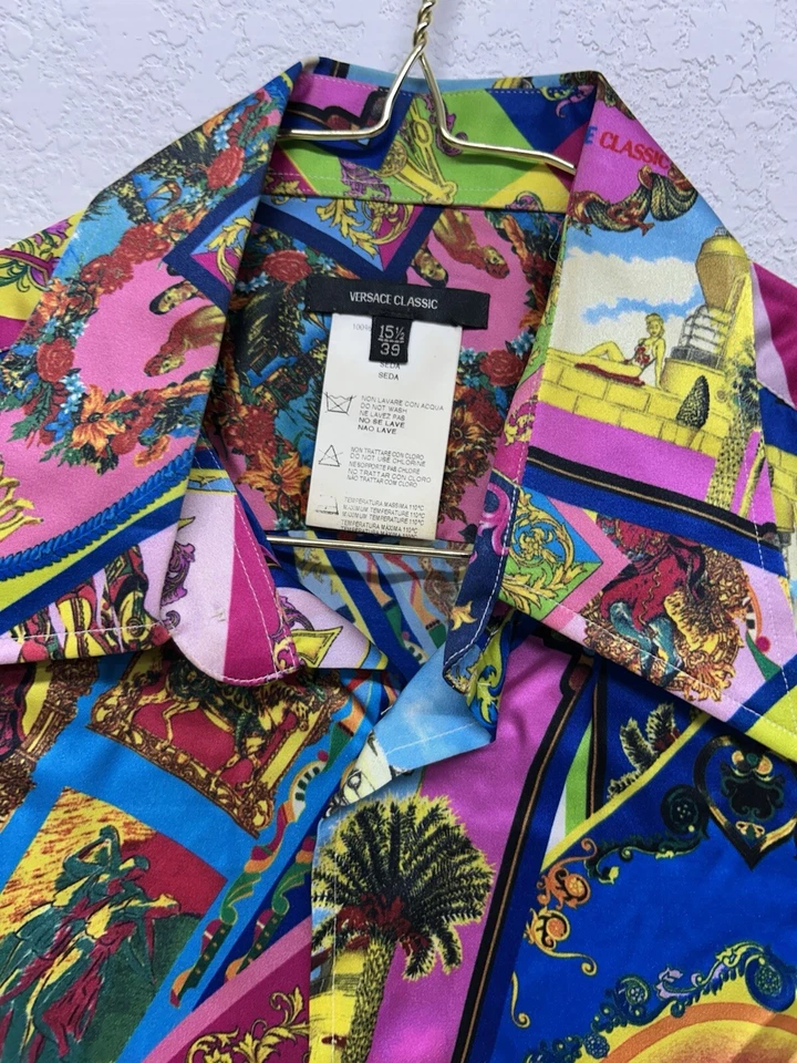 Camisa barroca clásica de seda Versace vintage - estampado multicolor, talla 15 1/2 (39) Foto 4 de 4