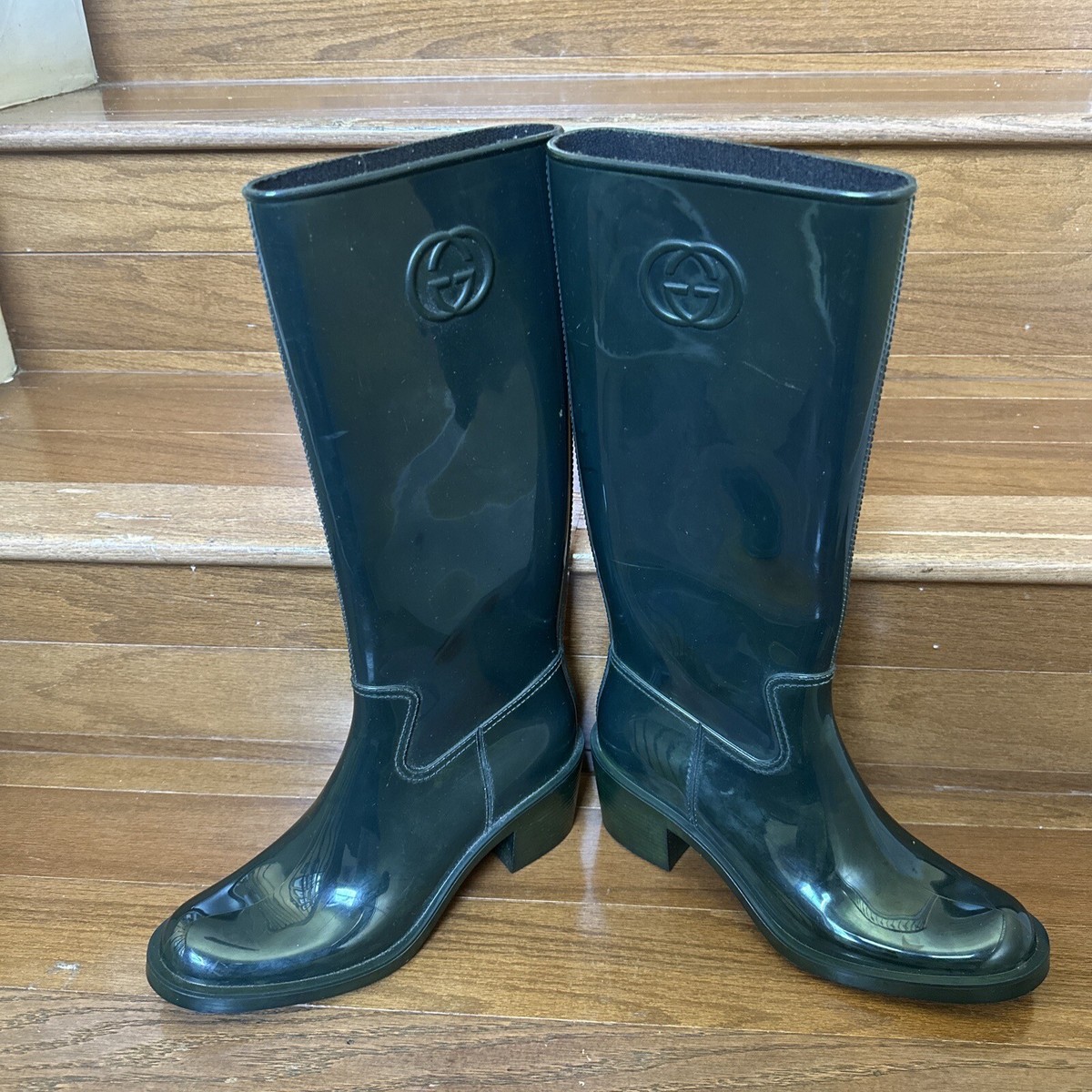 AUTHENTIC GUCCI Green rain boots logo monogram tall CHUNKY 