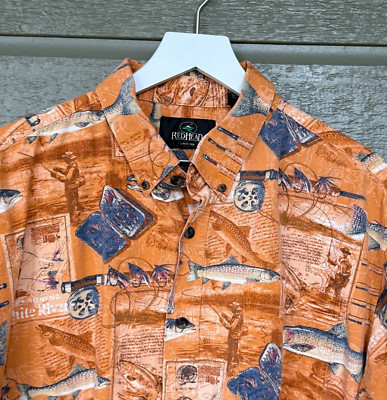 RedHead Mens Button Front Casual Shirt Fishing Theme Fish Rod Reels XXL Hawaiian