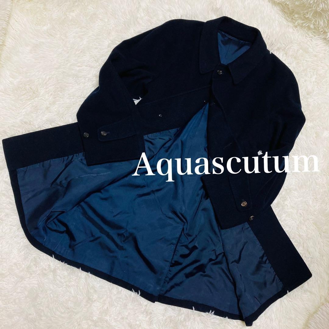 Aquascutum Long Coat Navy Authentic Cashmere Men's Used Asian fit L US size M