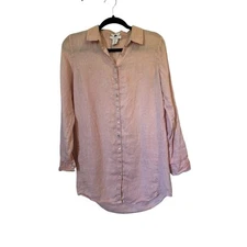 H by Halston 100% Linen Button Down Tunic Women's Size S Blush Long Sleeve Top