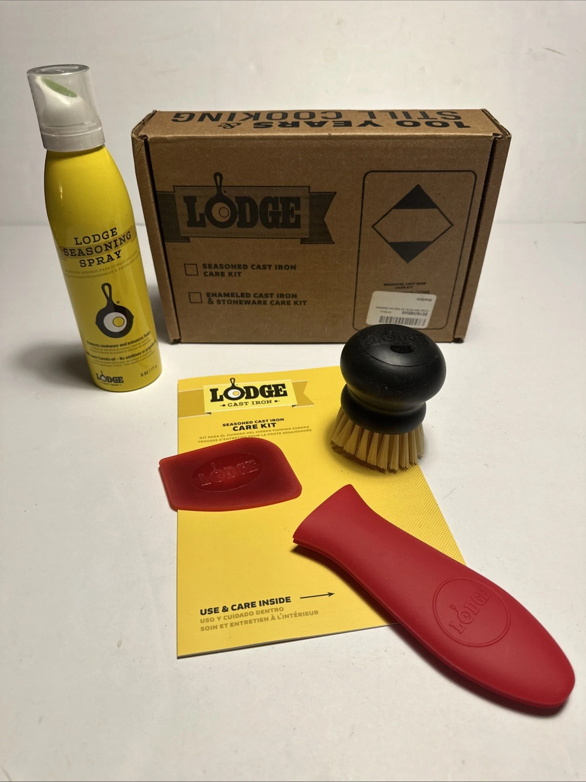 New Lodge Seasoned Cast Iron Care Kit 4 Piece Set Seasoning Brush Holder Scraper
