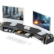 Dual Monitor Stand Riser, Desk Organizer With Drawer and 2 Pen Holders, Compu...