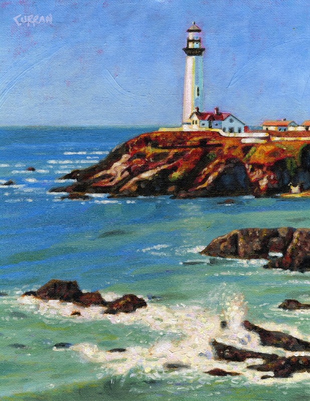 ORIGINAL OIL PAINTING, PIDGEON POINT LIGHTHOUSE, CALIFORNIA, listed artist NR!