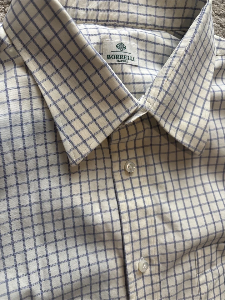 Camisa de vestir Borrelli Napoli para hombre 17 1/2 44 algodón a cuadros manga larga con botones Foto 4 de 4
