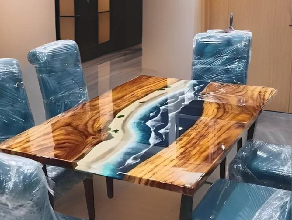 Mesa de río epoxi rectangular hecha a mano | Madera de borde vivo y resina azul del océano | Foto 2 de 4