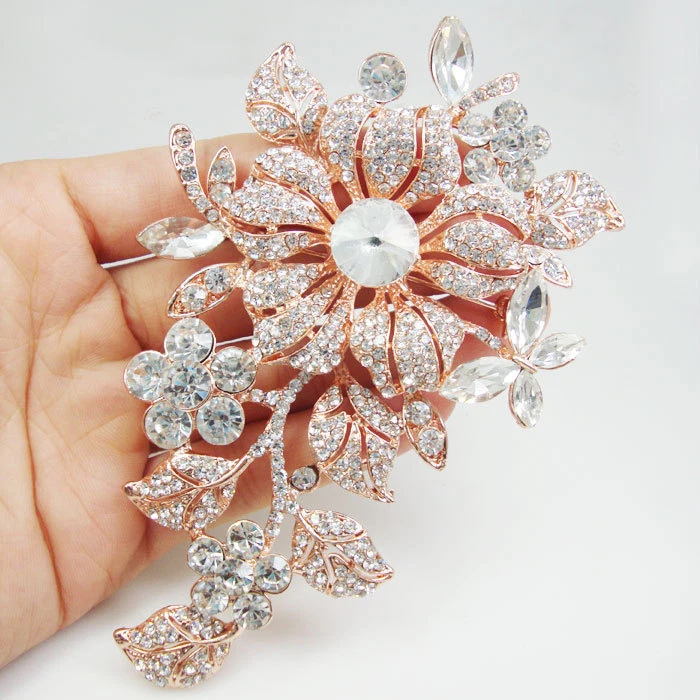 Rose Gold-tone Vintage Style Flower Woman Brooch Pin Clear Rhinestone  Crystal